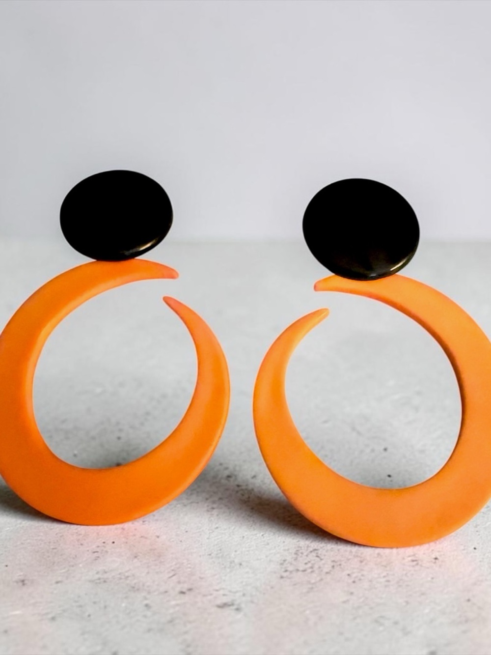 Orange Crescent Hoop Drop Earrings - Black Accent